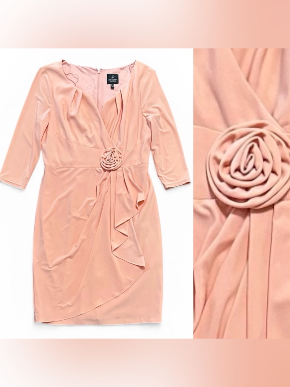 Adrianna Papell Peach Faux Wrap Rosette Dress Size 12 VGC